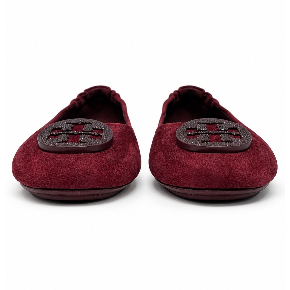 Tory Burch Burgundy Suede Minnie Travel Ballet Flats Embellished Crystal Logo 10